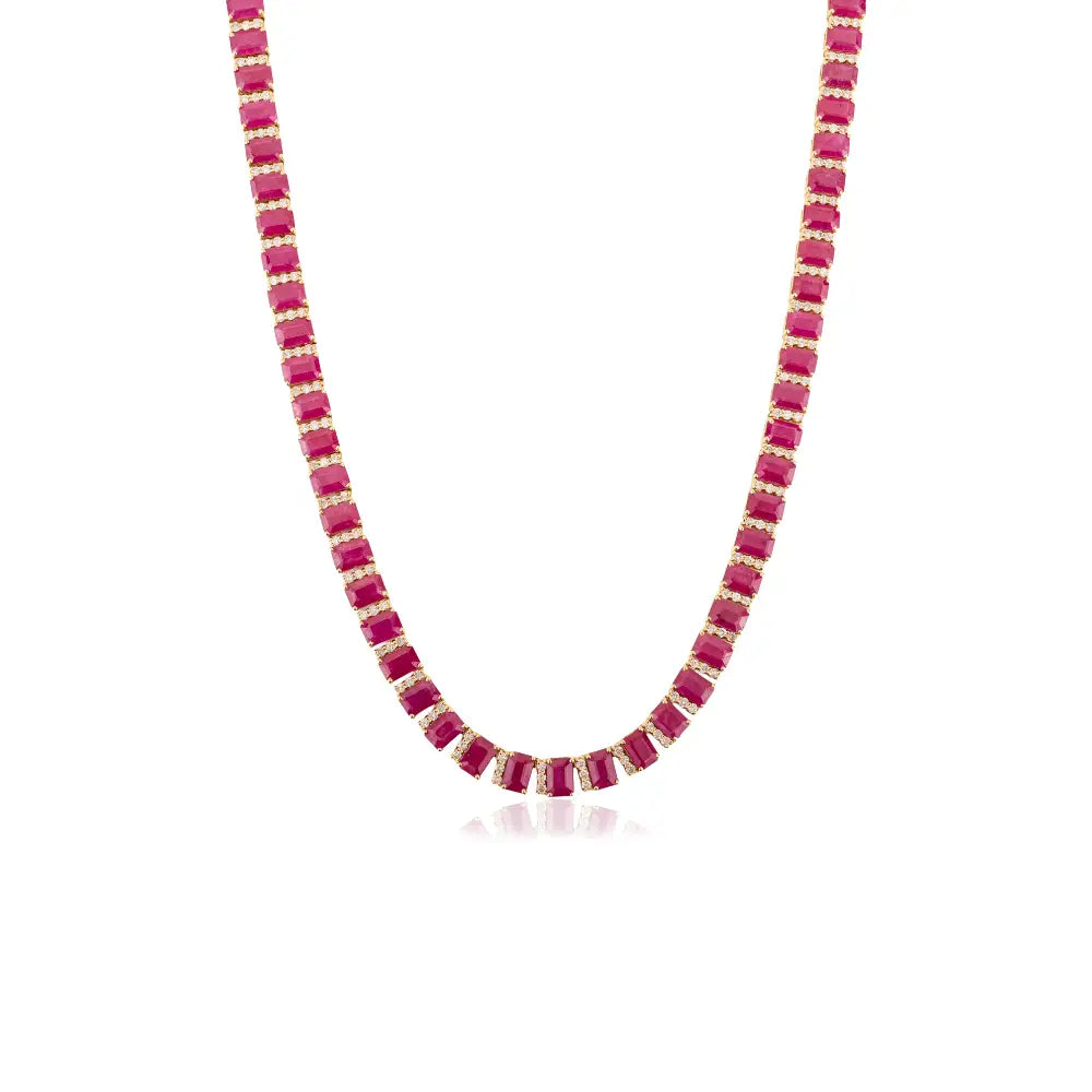 Bridal Jewelry Gemstone Ruby & Diamond Statement Tennis Necklace 14K Solid Yellow Gold
