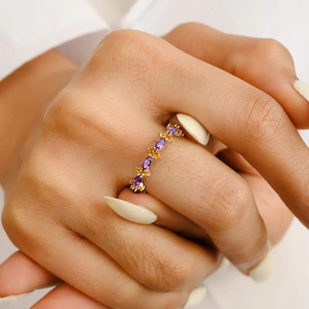 Handmade Jewelry 18K White Gold Natural Amethyst & Citrine Full Stackable Band Ring