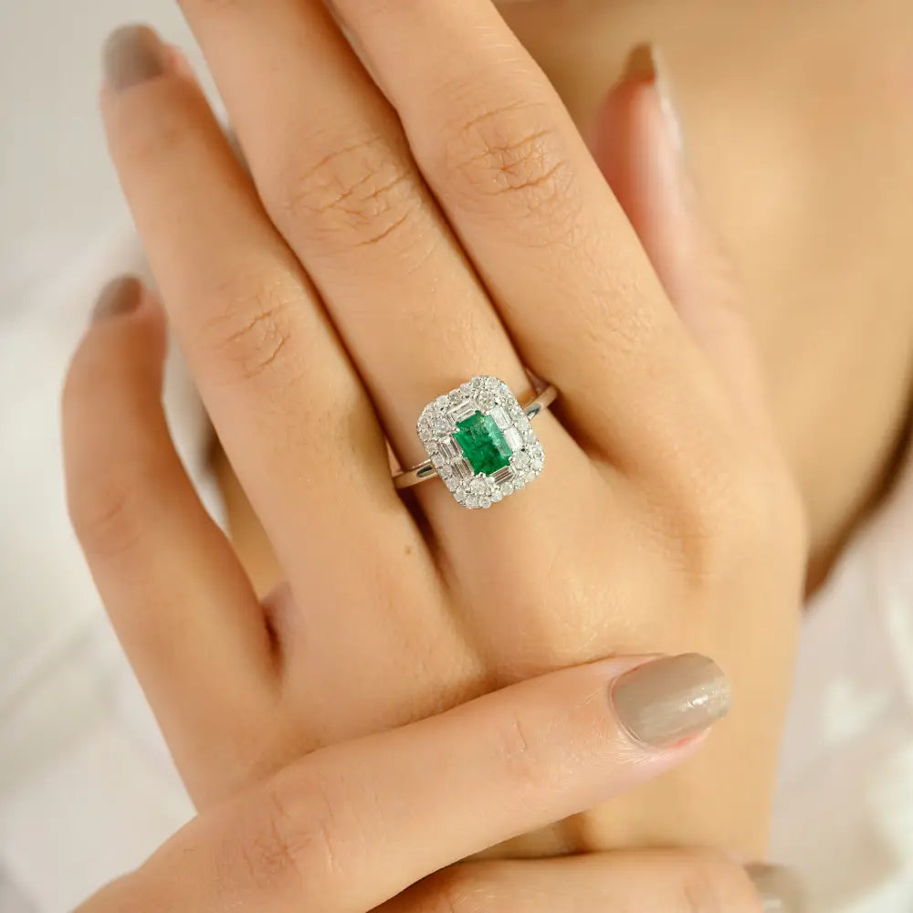 Trending Design Emerald & Diamond Real K14 White Gold Double Cluster Ring Elegant Jewelry