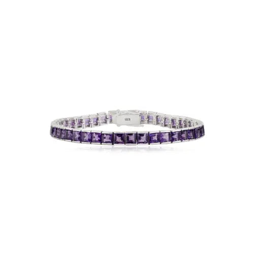 4x4 mm Princess Cut Natural Amethyst Gemstone 925 Silver Tennis Bracelet For Women's