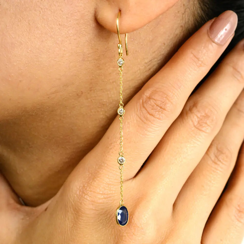 Bezel Set Blue Sapphire & Diamond Long Dangling Earrings 18K Solid Gold Women & Girls Jewelry