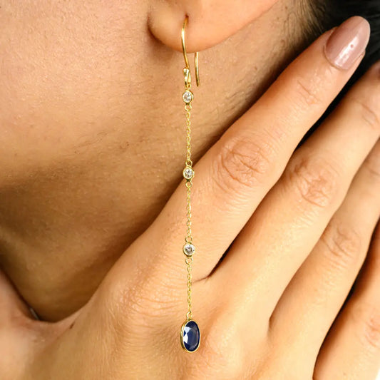 Bezel Set Blue Sapphire & Diamond Long Dangling Earrings 18K Solid Gold Women & Girls Jewelry