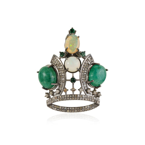 925 Sterling Silver Genuine Emerald & Opal Gemstone Crown Design Brooch Pendant Jewelry