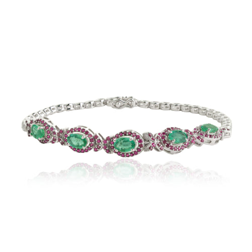 High Quality Natural Emerald & Ruby Gemstone 925 Silver Half Chain Tennis Bracelet