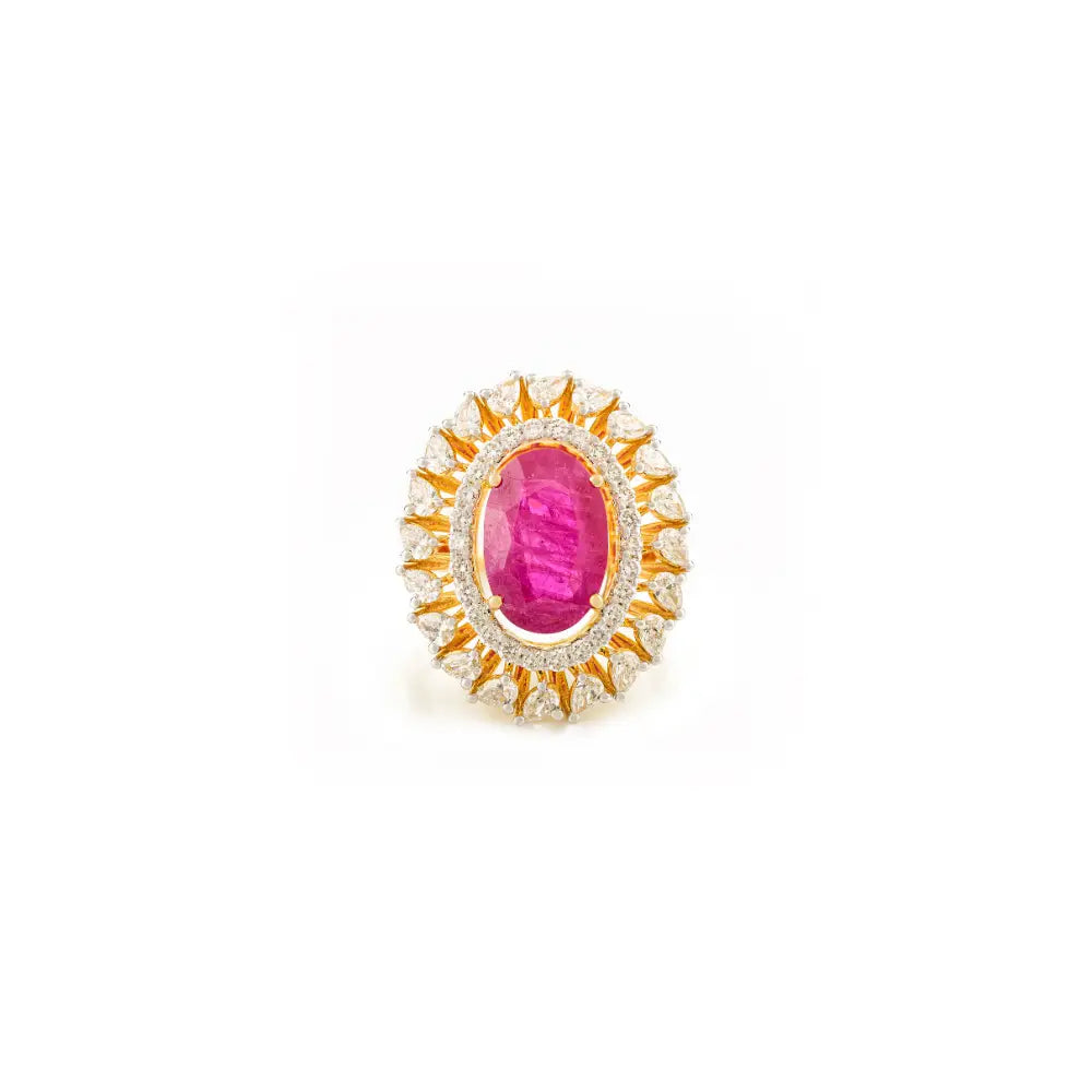 Genuine Ruby & Diamond Solid 14K Yellow Gold Cocktail Ring For Women Party Wear Jewelry