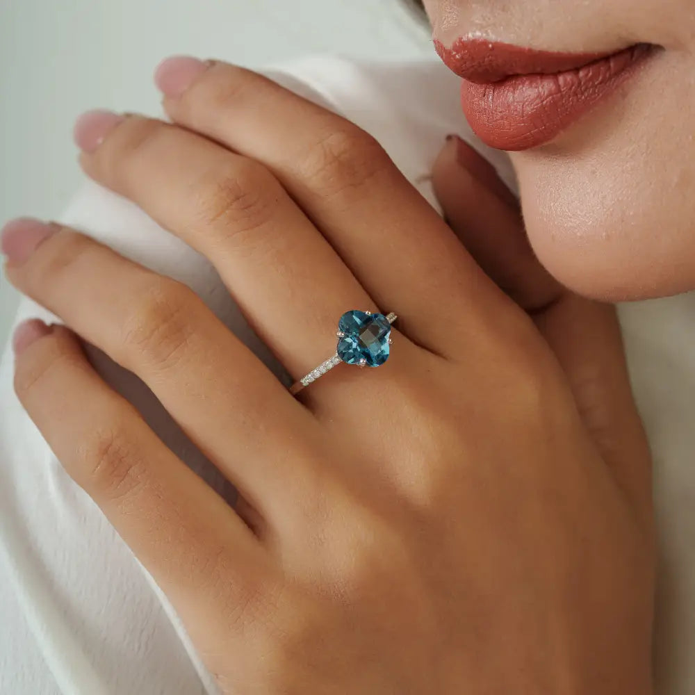 14K Real White Gold Blue Topaz & Diamond Four Leaf Clover Shape Minimal Ring Fine Jewelry