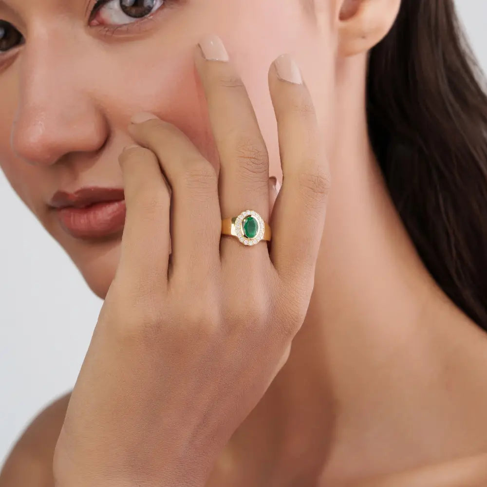 Precious Gemstone Emerald & Diamond Halo Signet Ring 14K Yellow Gold Handmade Jewelry