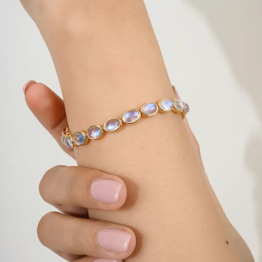Luxury New Trendy Oval Cut Rainbow Moonstone 18K Yellow Gold Tennis Bracelet