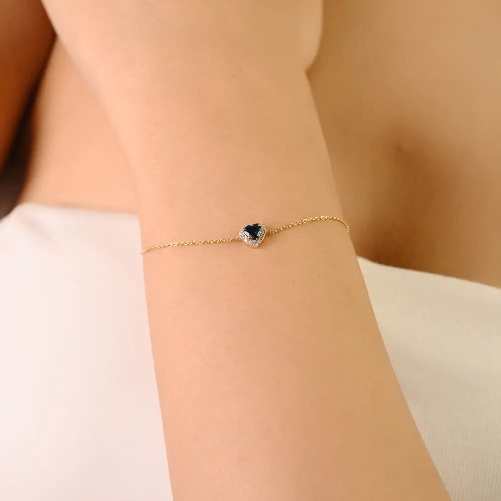 Prong Set Blue Sapphire & Diamond Heart Shape Halo Solitaire Bracelet 14K Yellow Gold Jewelry