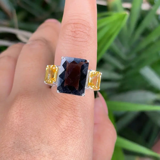 Handmade Smoky & Citrine Statement Three Stone Ring Custom Made Jewelry Manufacturer