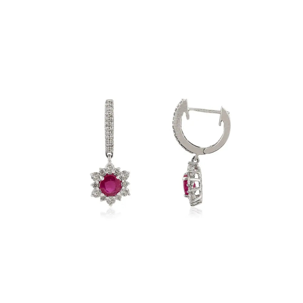 5.5 MM Round Cut Ruby & Diamond Solid 14K White Gold Charm Hoop Drop Earrings Women