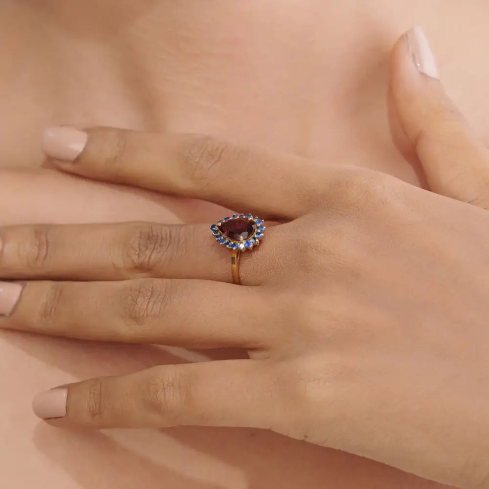Rubellite & Blue Sapphire K18 Solid Yellow Gold Pear Shape Cluster Ring Bulk Order Jewelry