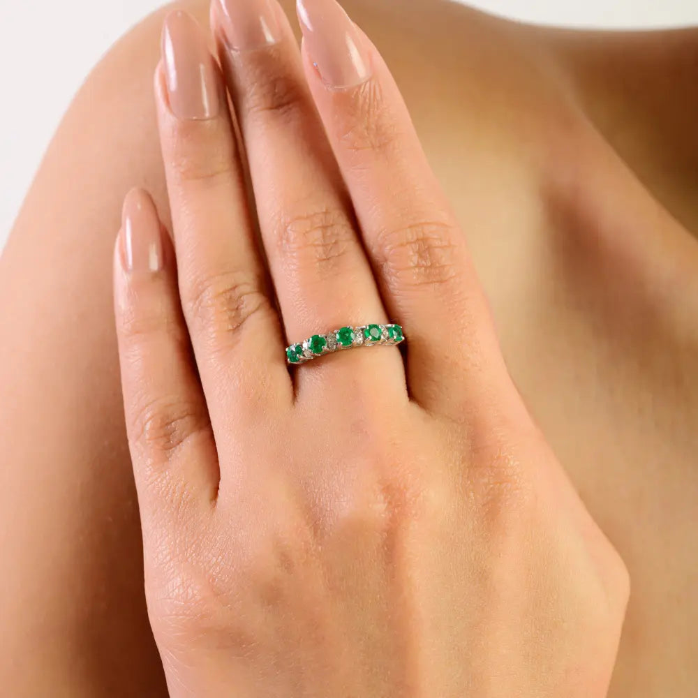 Natural Emerald & Diamond Half Eternity Stacking Ring in 925 Sterling Silver Fine Jewelry