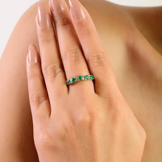 Natural Emerald & Diamond Half Eternity Stacking Ring in 925 Sterling Silver Fine Jewelry