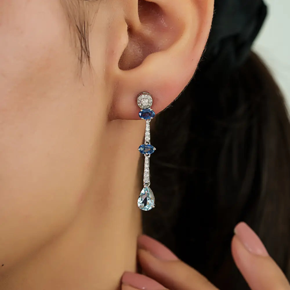 Blue Sapphire Aquamarine & Diamond Dangle Earrings Handmade 14K Soli White Gold Jewelry