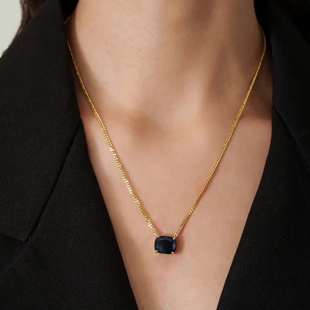 Prong Set Blue Sapphire 14K Solid Yellow Gold Cuban Chain Single Stone Pendant Necklace