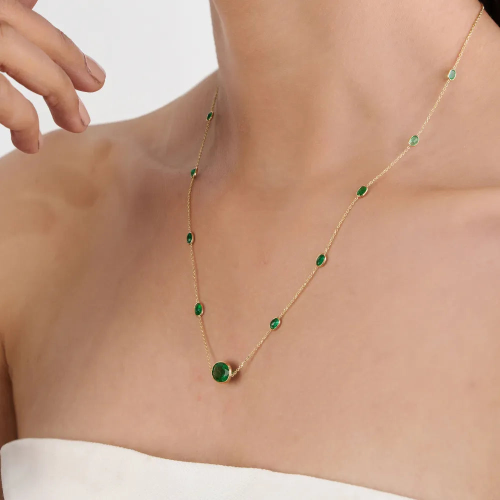 Precious Gemstone Fine Emerald Station Chain Necklace May Birthstone Pure 14K Yellow Gold Women's Jewelry