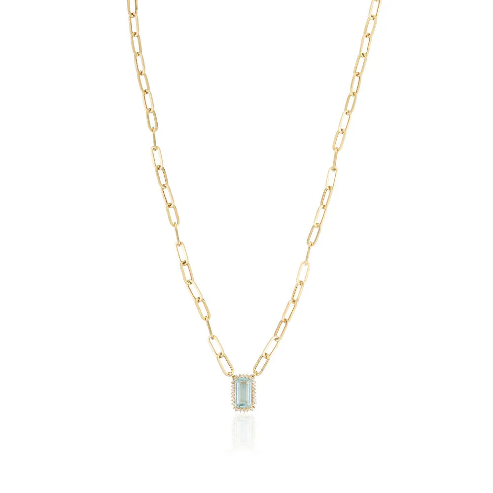 Semi Precious Gemstone Aquamarine & Diamond Paperclip Chain Cluster Pendant Necklace 14K Real Yellow Gold