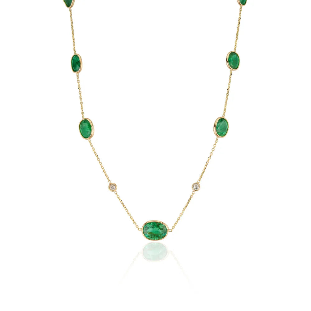 Latest Design Handmade Emerald & Diamond 14K Solid Yellow Gold Station Necklace Light Weight Jewelry