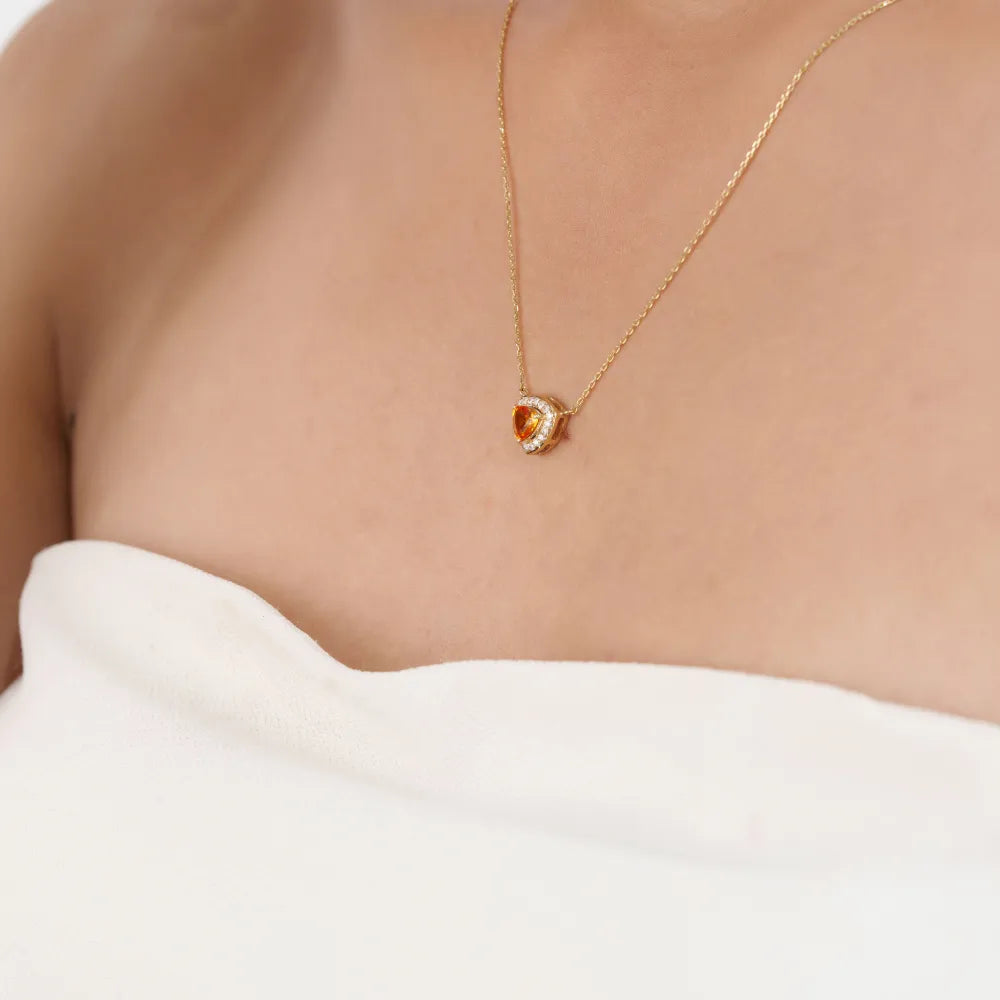 Semi Precious Gemstone Trillion Cut Citrine & Diamond Halo Pendant Necklce Minimal Jewelry 14K Real Yellow Gold