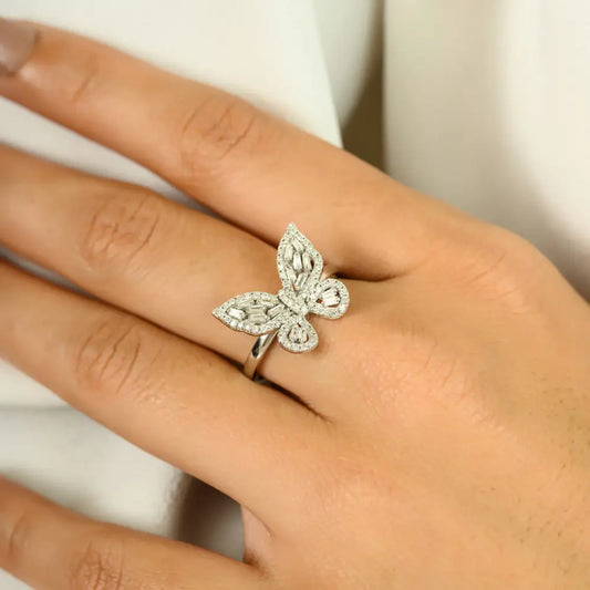 Luxurious Newly Design 14K White Gold Full Diamond Butterfly Ring Party Wear Jewelry