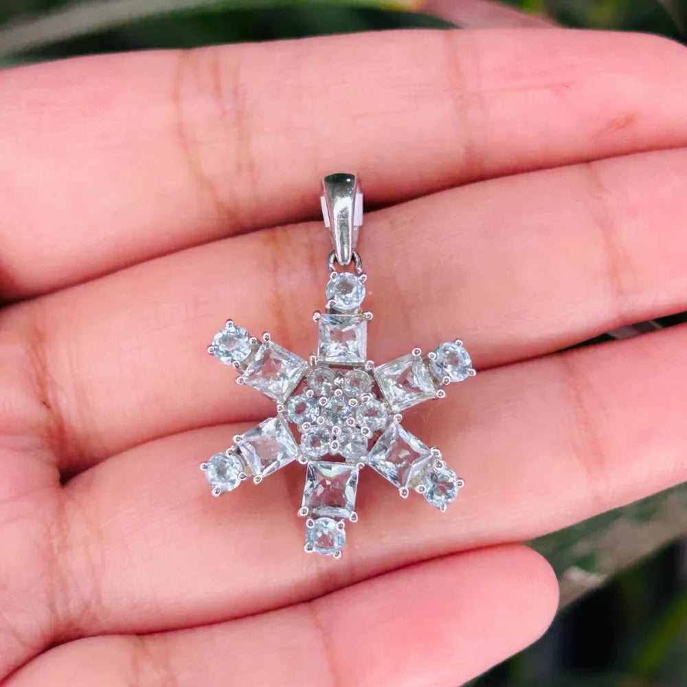Semi Precious Gemstone Jewelry Aquamarine 925 Sterling Silver Flower Pendant March Birthstone