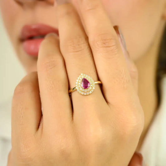 Genuine Ruby & Diamond Double Halo Engagement Ring Anniversary Gift 14K Real Gold