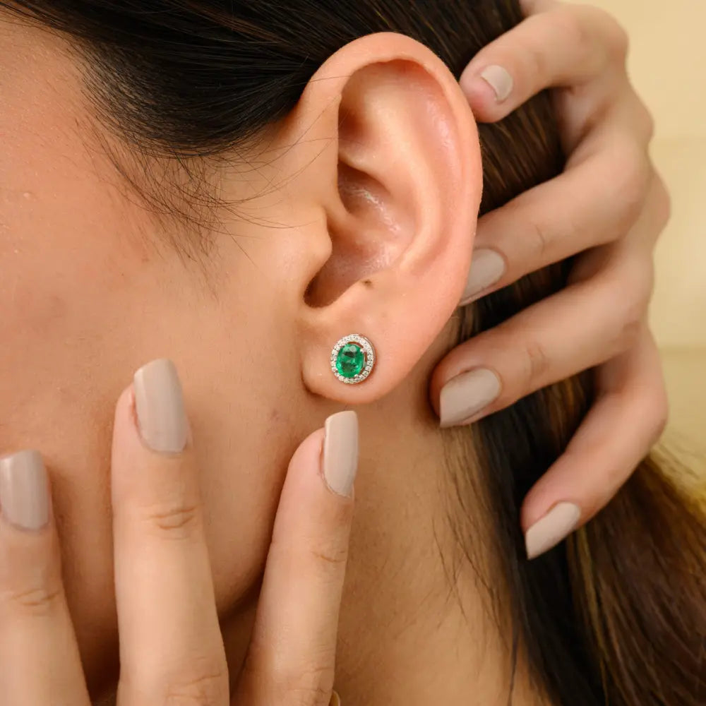 100% Natural Emerald & Diamond Sold White Gold 14K Stud Earrings