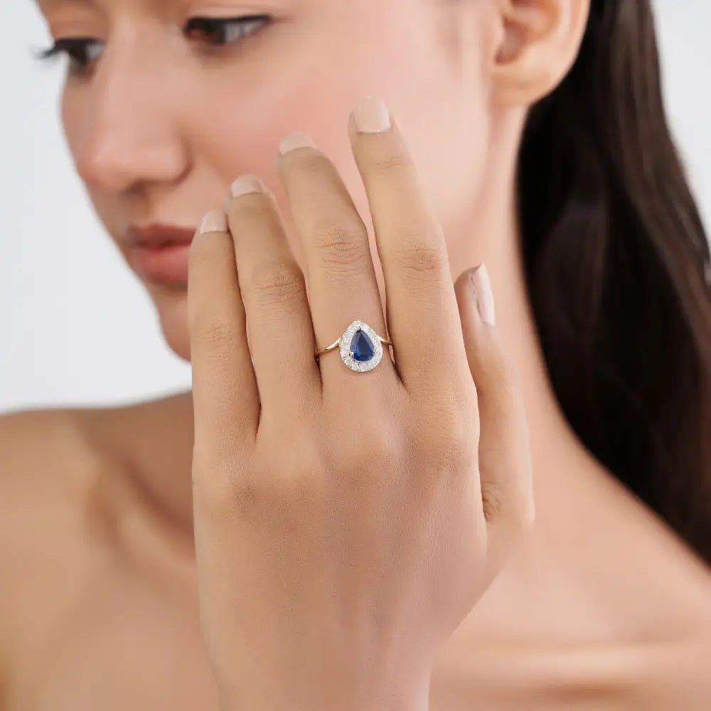 Wholesale Price Blue Sapphire & Diamond Real K14 Yellow Gold Halo Ring Birthstone Jewelry