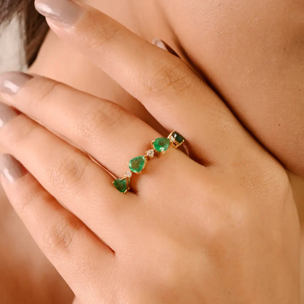 5x4 mm Pear Cut Emerald & Diamond Stackable Half Eternity Band Ring 14K Solid Yellow Gold