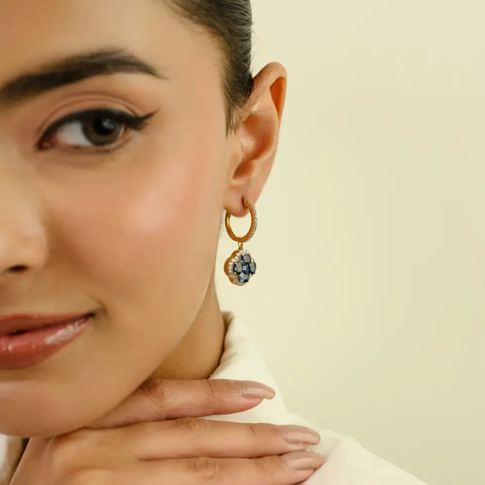 4.55 Ct. Blue Sapphire Gemstone & Diamond Clover Hoop Charm Drop Earrings 14K Gold