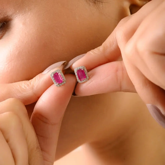 Ruby & Diamond Push Back Halo Cluster Stud Earring 18K Real White Gold Fine Jewelry