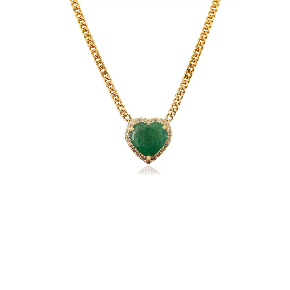 Heart Shape Gemstone Emerald & Diamond Cuban Chain Pendant Necklace 14K Solid Yellow Gold