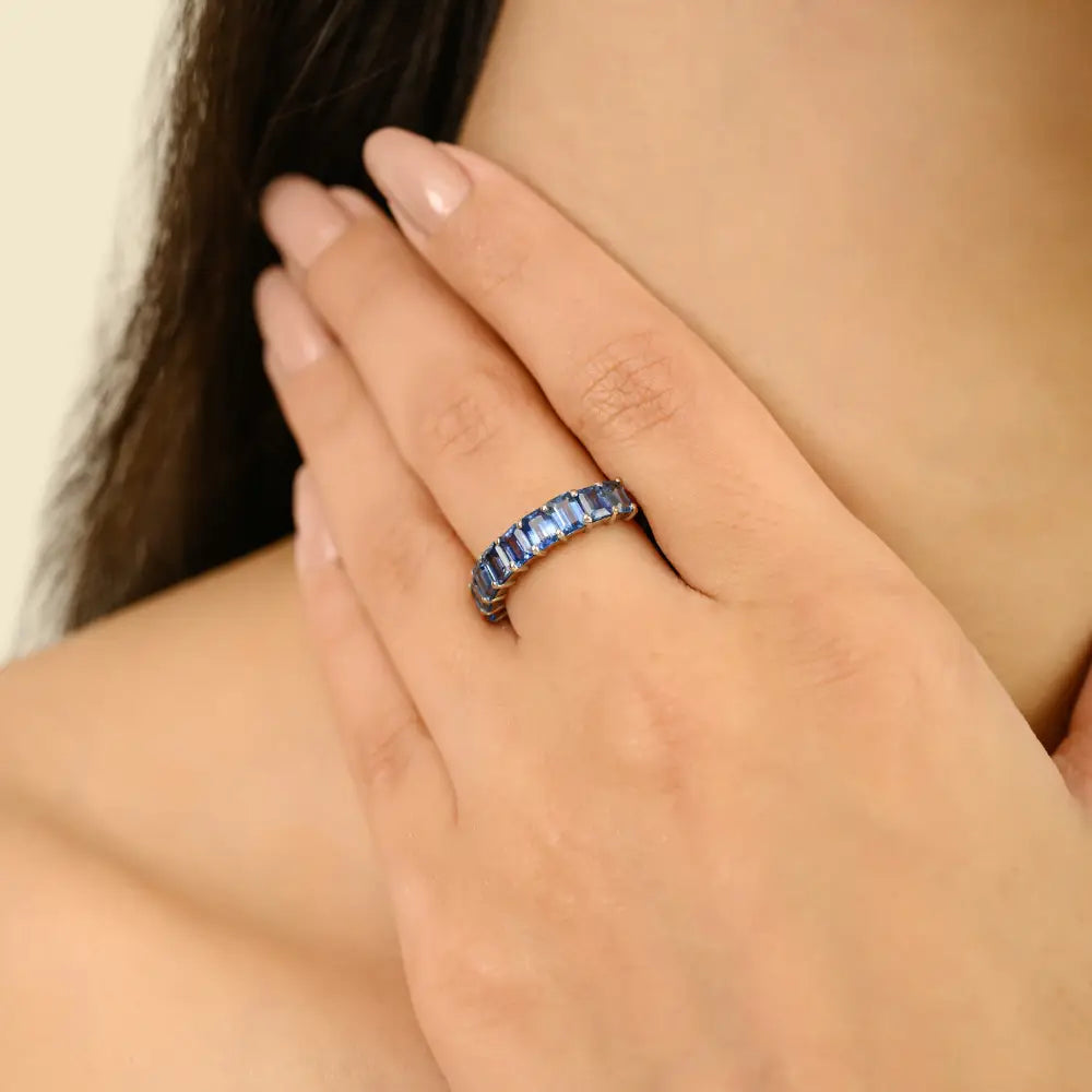 Best Seller 100% Authentic Blue Sapphire Half Eternity Band Ring Trending 14K Real Gold