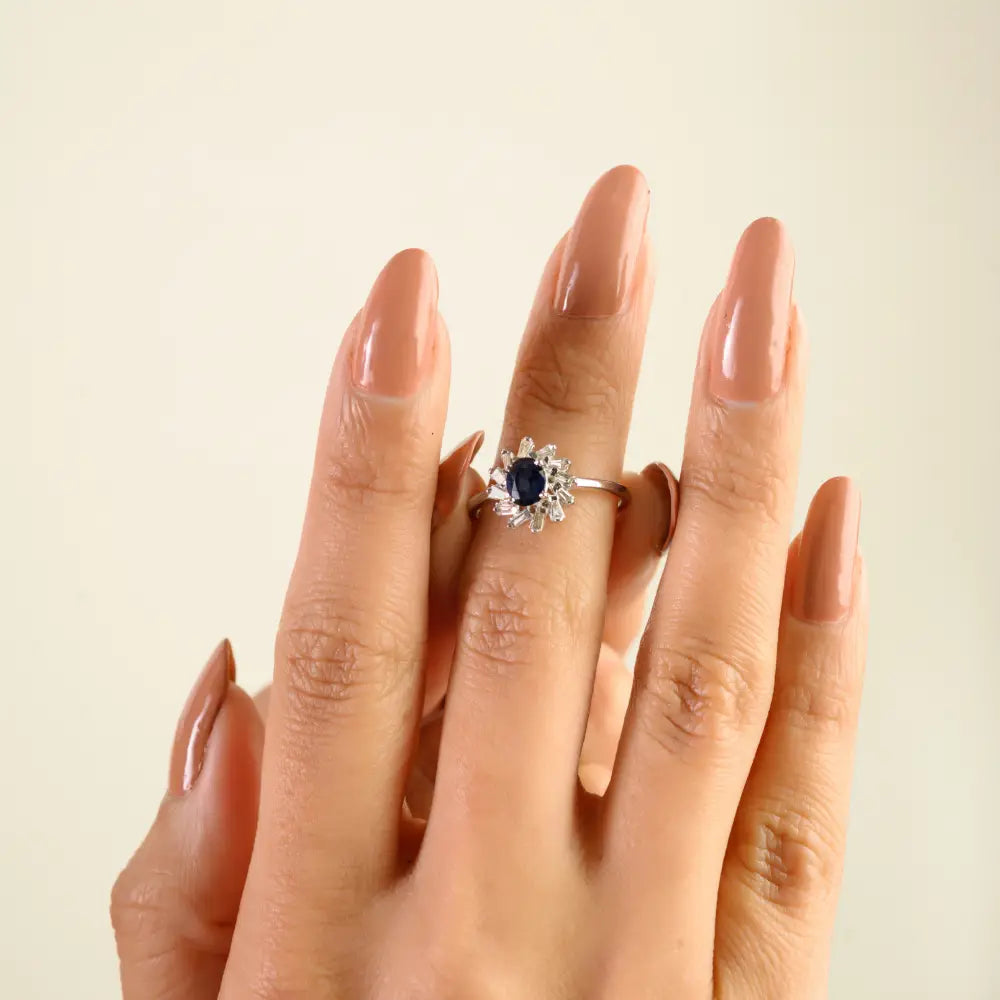 Elegant Design Blue Sapphire & Diamond 14K Real White Gold Cluster Engagement Ring