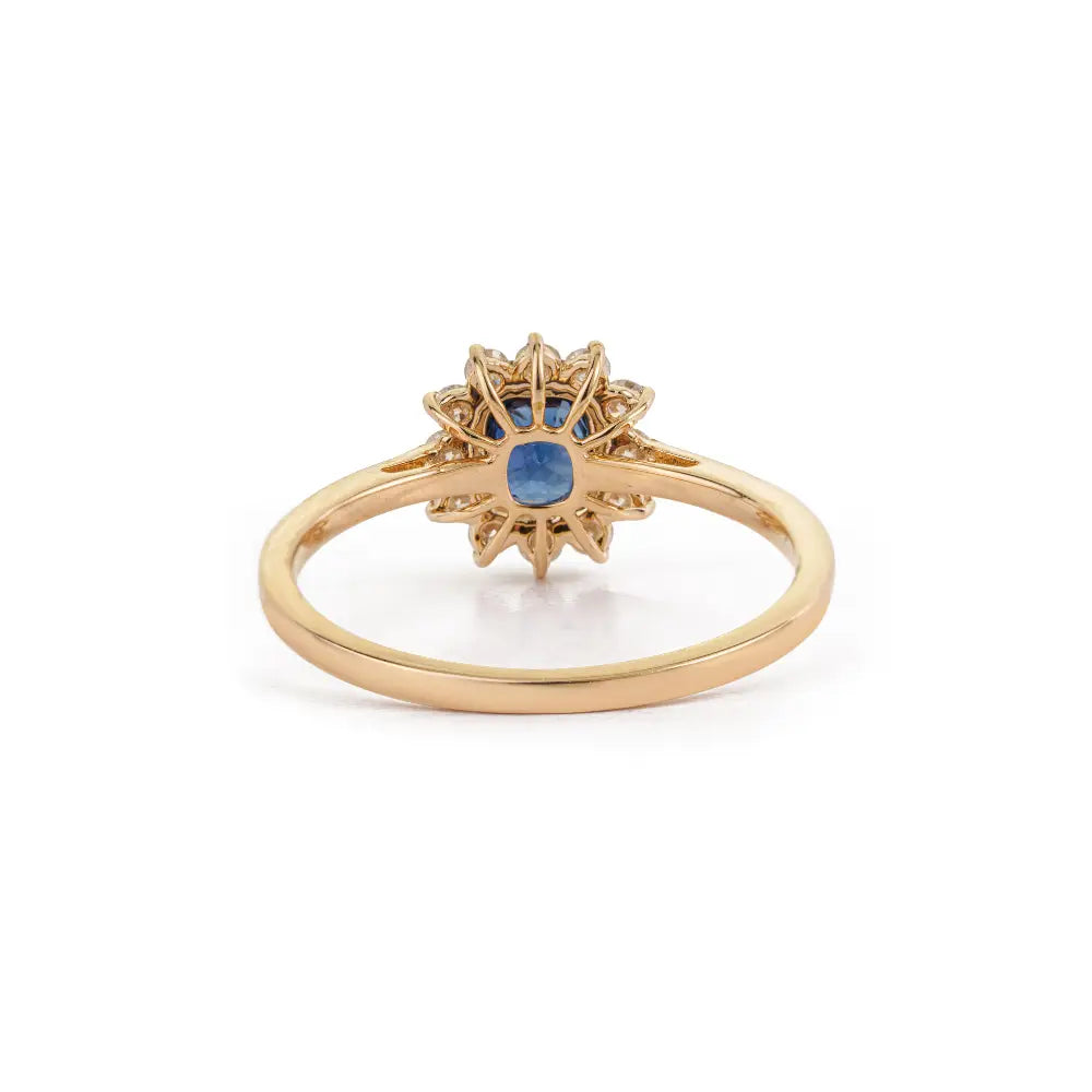 Prong Set Blue Sapphire & Diamond Solid K14 Yellow Gold Minimal Cluster Ring Fine Jewelry