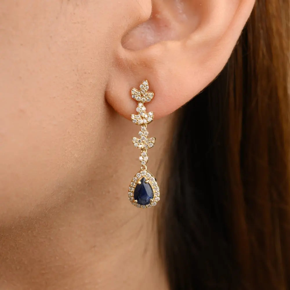 Handmade Jewelry 14K Yellow Gold Blue Sapphire & Diamond Dangle Earrings