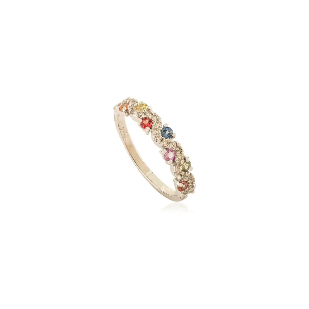 Colorful Multi Sapphire & Diamond 14K White Gold Wavy Design Half Eternity Band Ring Unisex