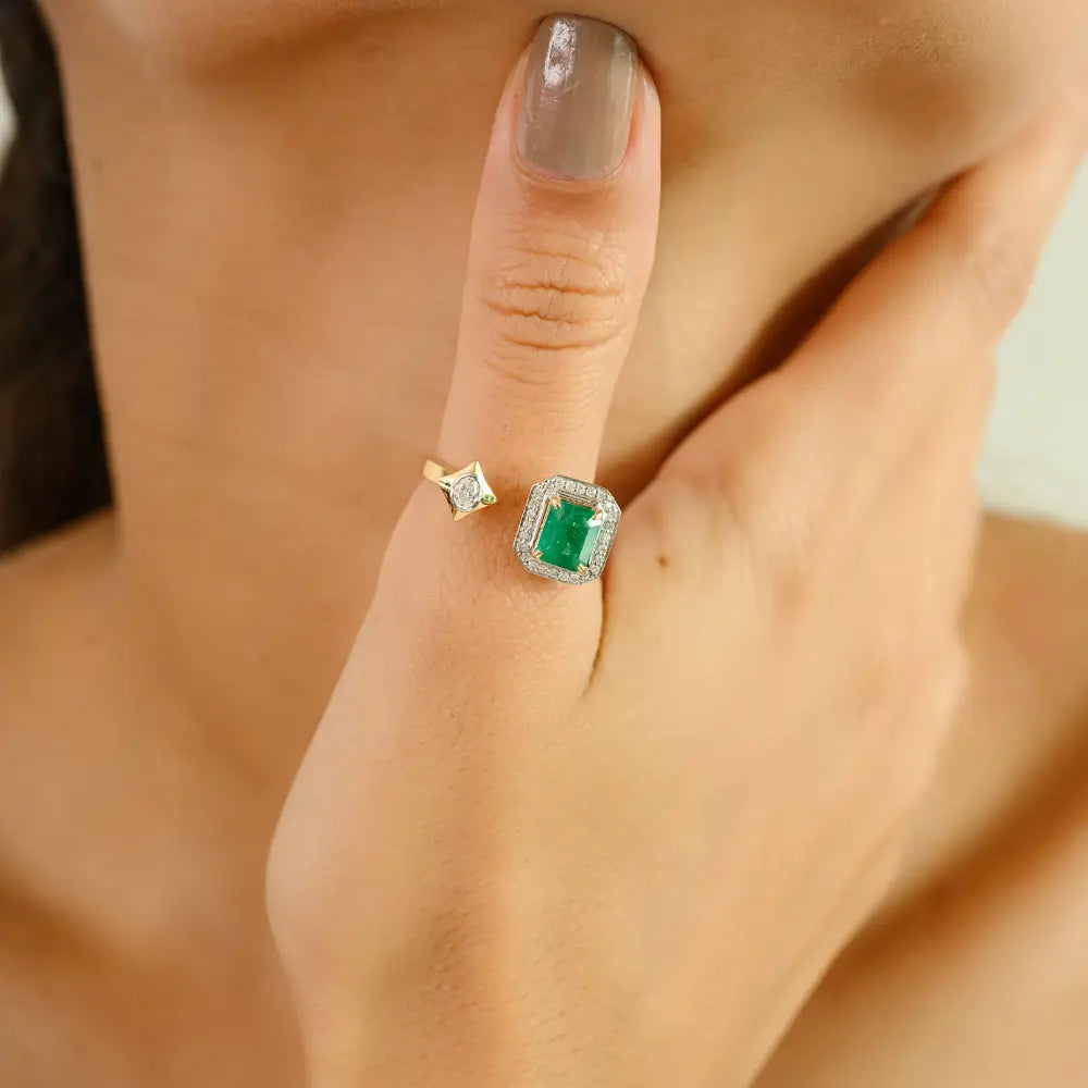 Real K18 Yellow Gold Zambian Emerald & Diamond Halo Open Ring Unique Design Jewelry