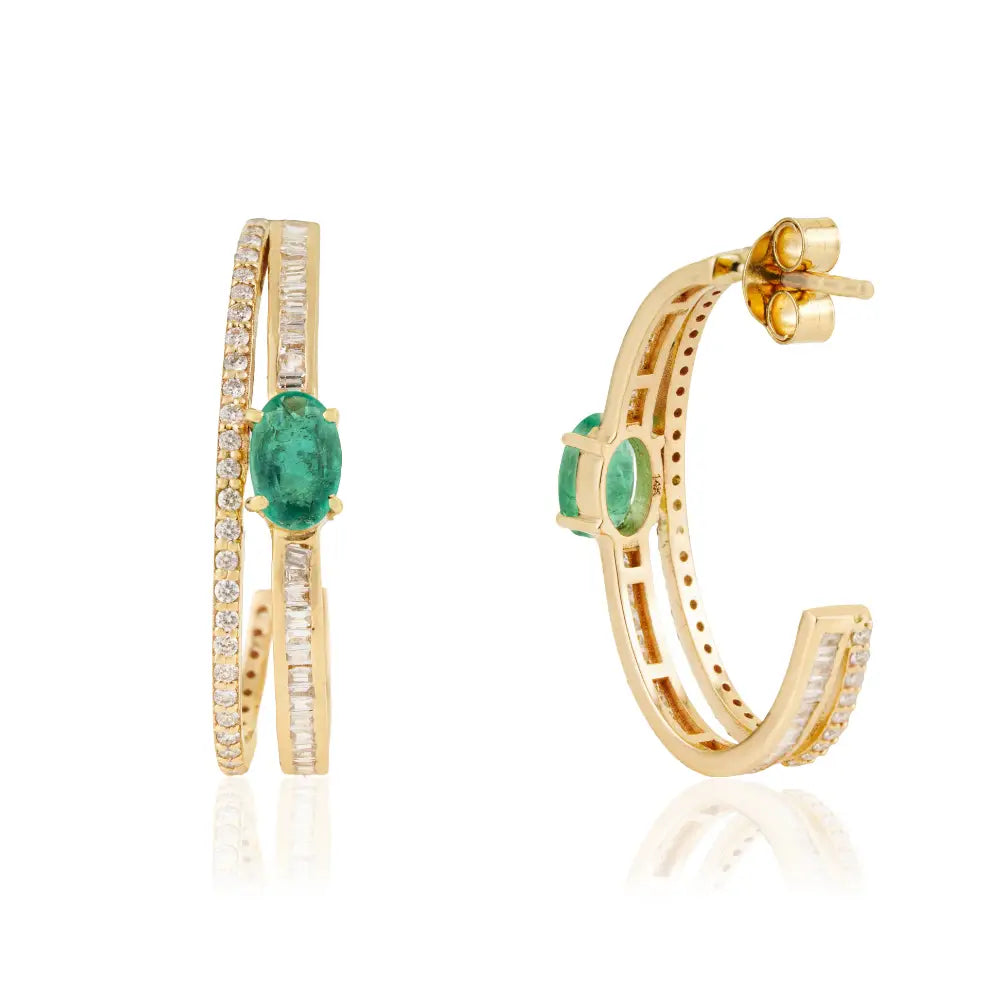 Customized Emerald & Diamond K14 Solid Yellow Gold C Shape Hoop Earrings For Women
