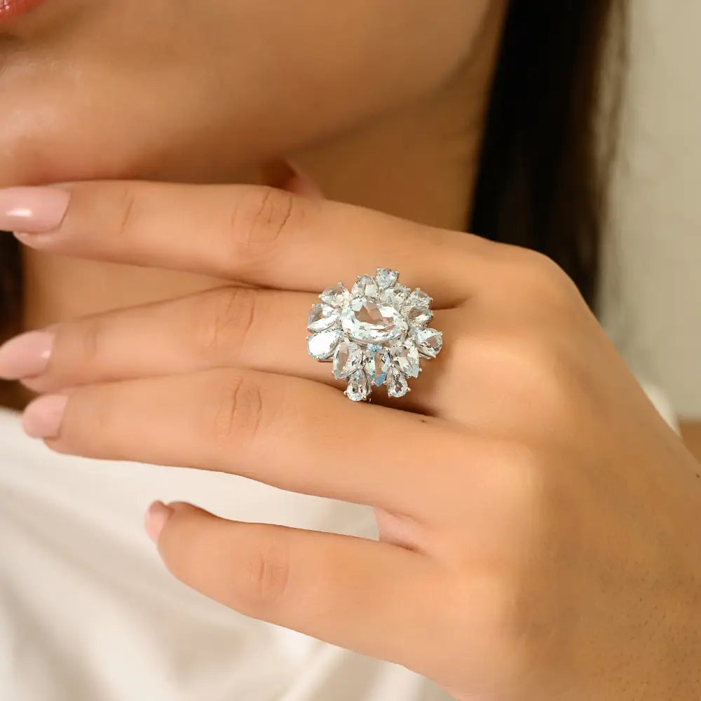 Gorgeous Aquamarine Gemstone Cocktail Ring For Women Party Wear Jewelry K14 Gold