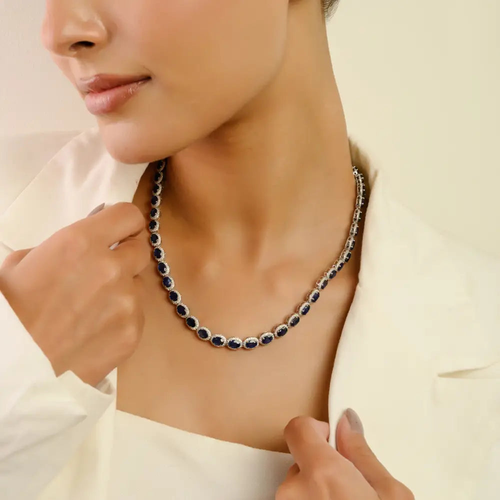 Exclusive Jewelry Statement Blue Sapphire & Diamond 14K White Gold Halo Tennis Necklace