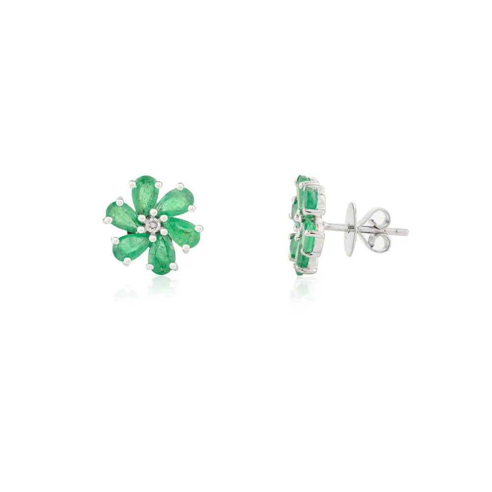 Everyday Jewelry Pear Cut Emerald & Diamond White Gold Flower Stud Earrings