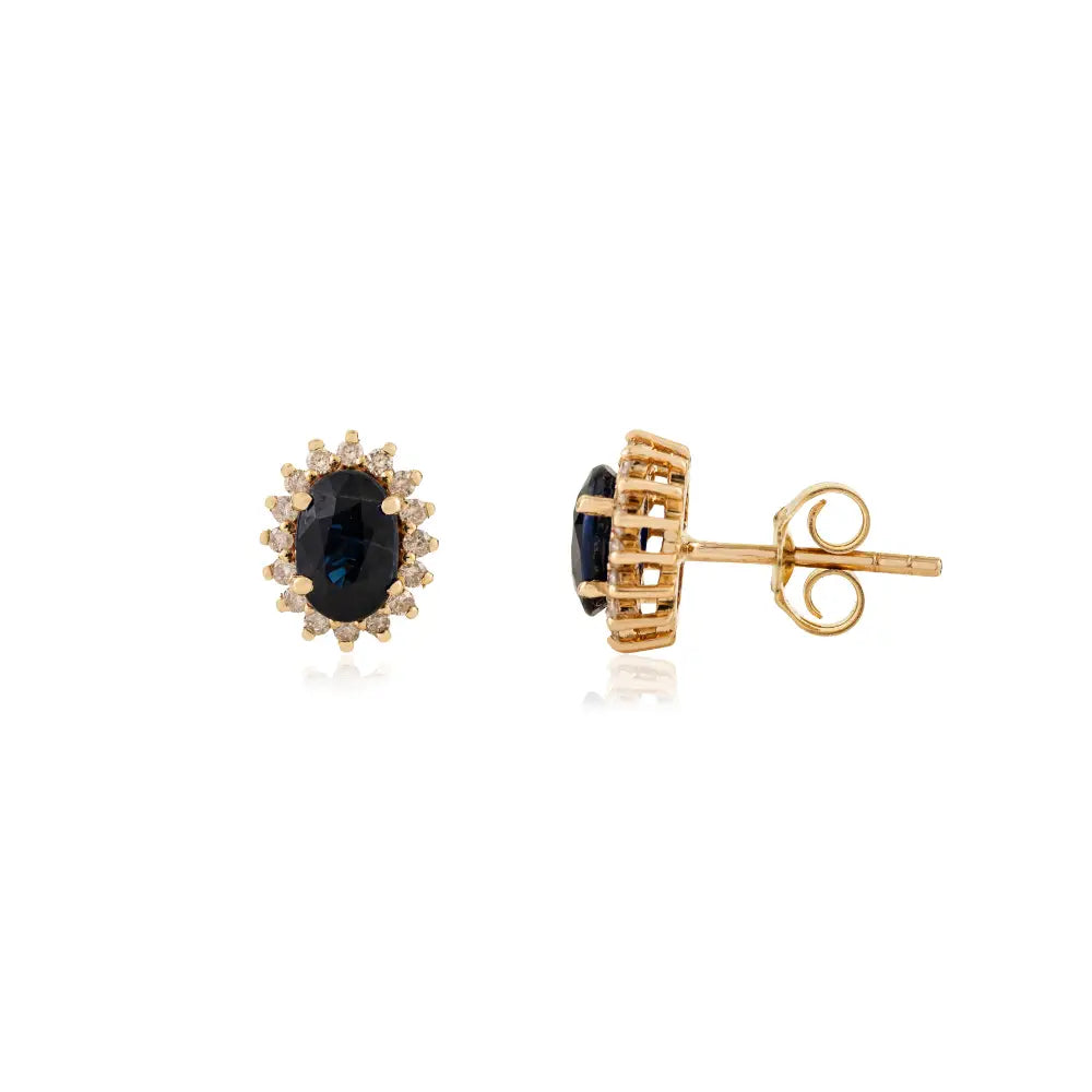 Blue Sapphire & Diamond Prong Setting Cluster Stud Earrings 14K Yellow Gold Minimal Jewelry
