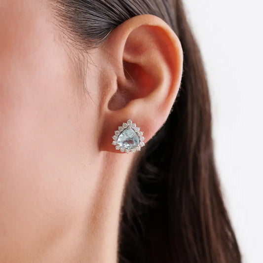 Trillion Cut Aquamarine & Diamond Solid K18 White Gold Cluster Stud Earrings Latest Jewelry