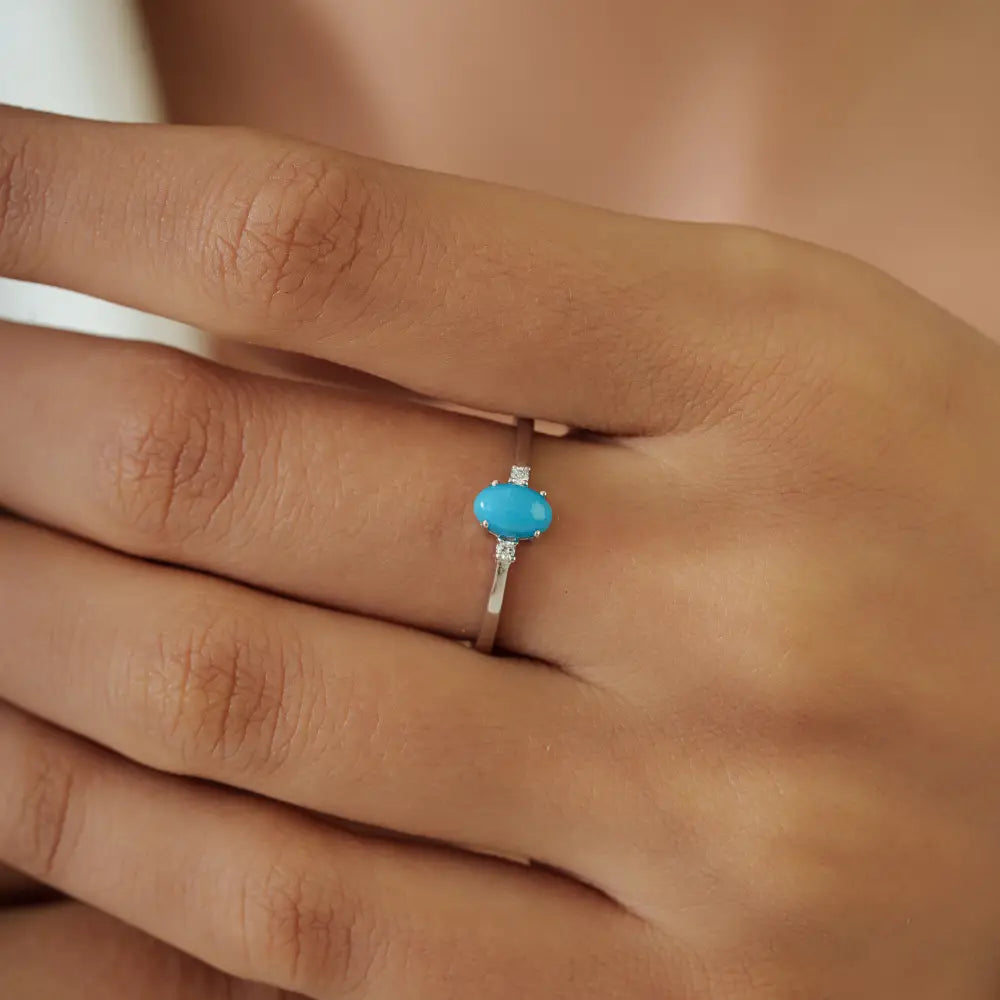 Minimal Cabochon Cut Turquoise & Diamond 14K Solid White Gold Gemstone Ring Daily Wear
