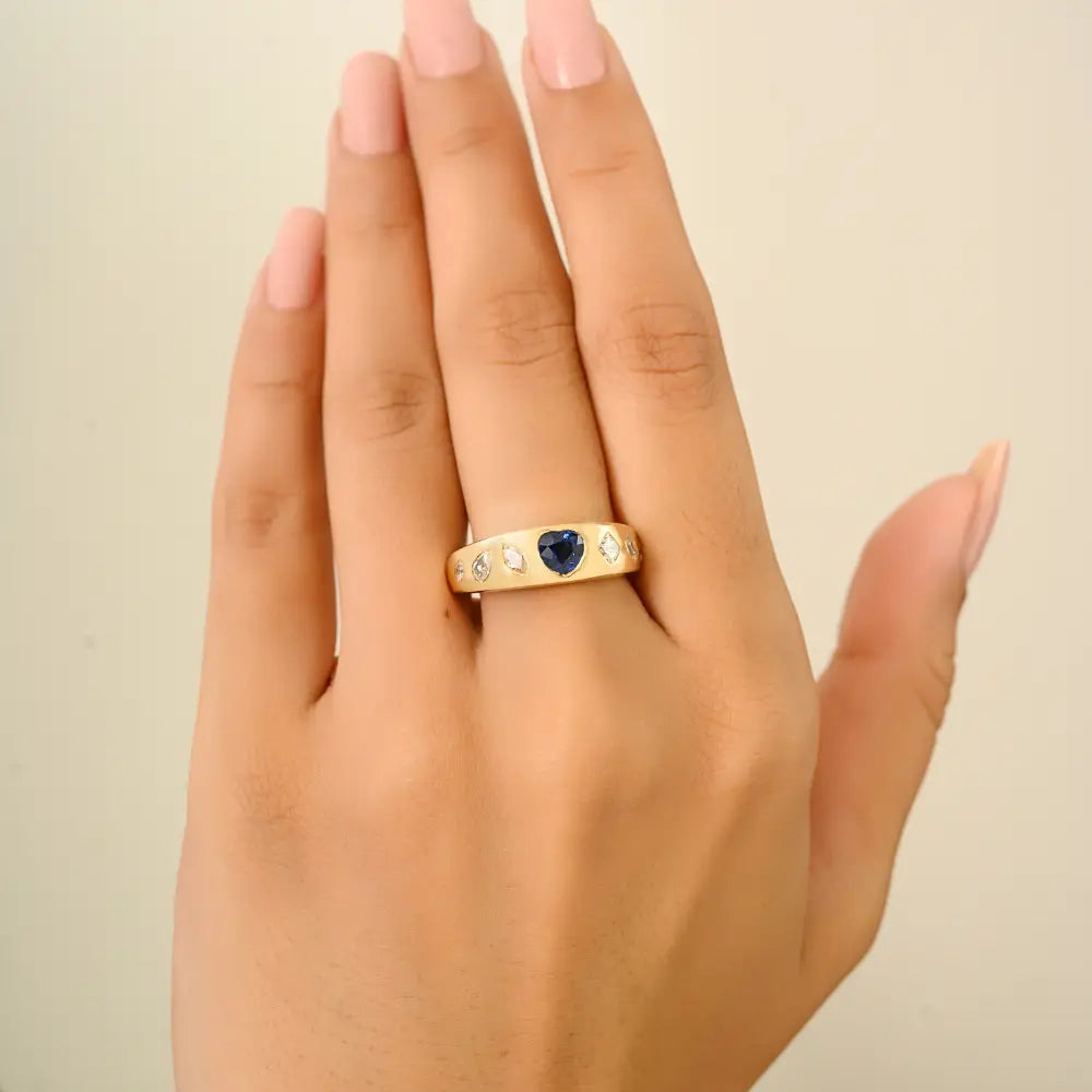 Heart Shape Blue Sapphire & Diamond Gypsy Set Signet Ring Solid K18 Yellow Gold Trendy Jewelry