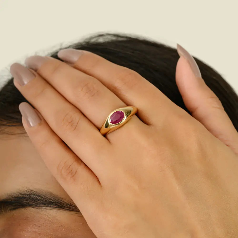 Best Selling Products 14K Real Yellow Gold Ruby Gypsy Set Signet Ring Trending Jewelry
