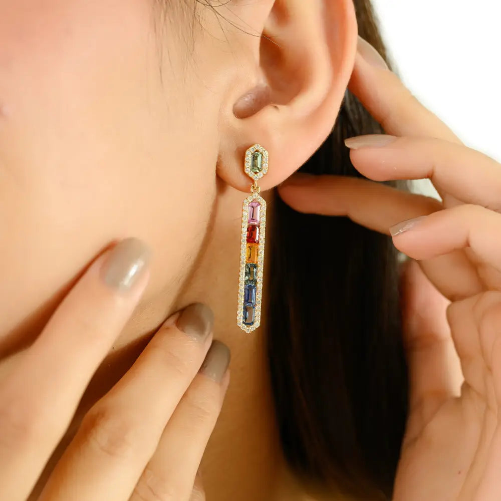 Gorgeous Design Rainbow Multi Sapphire & Diamond Statement Bar Dangle Earrings 14K Gold