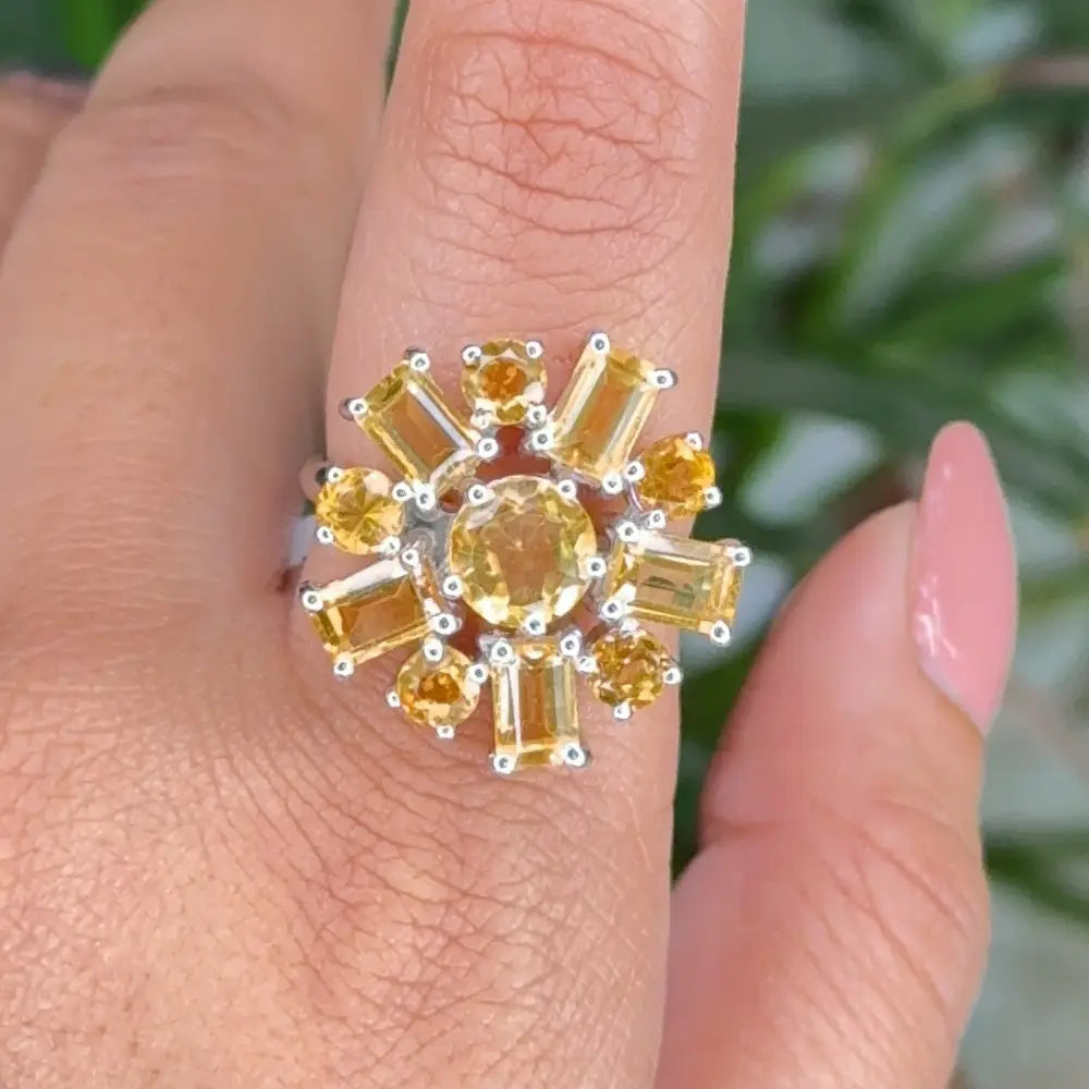 Semi Precious Gemstone Jewelry 925 Sterling Silver Citrine Flower Cocktail Ring For Women's